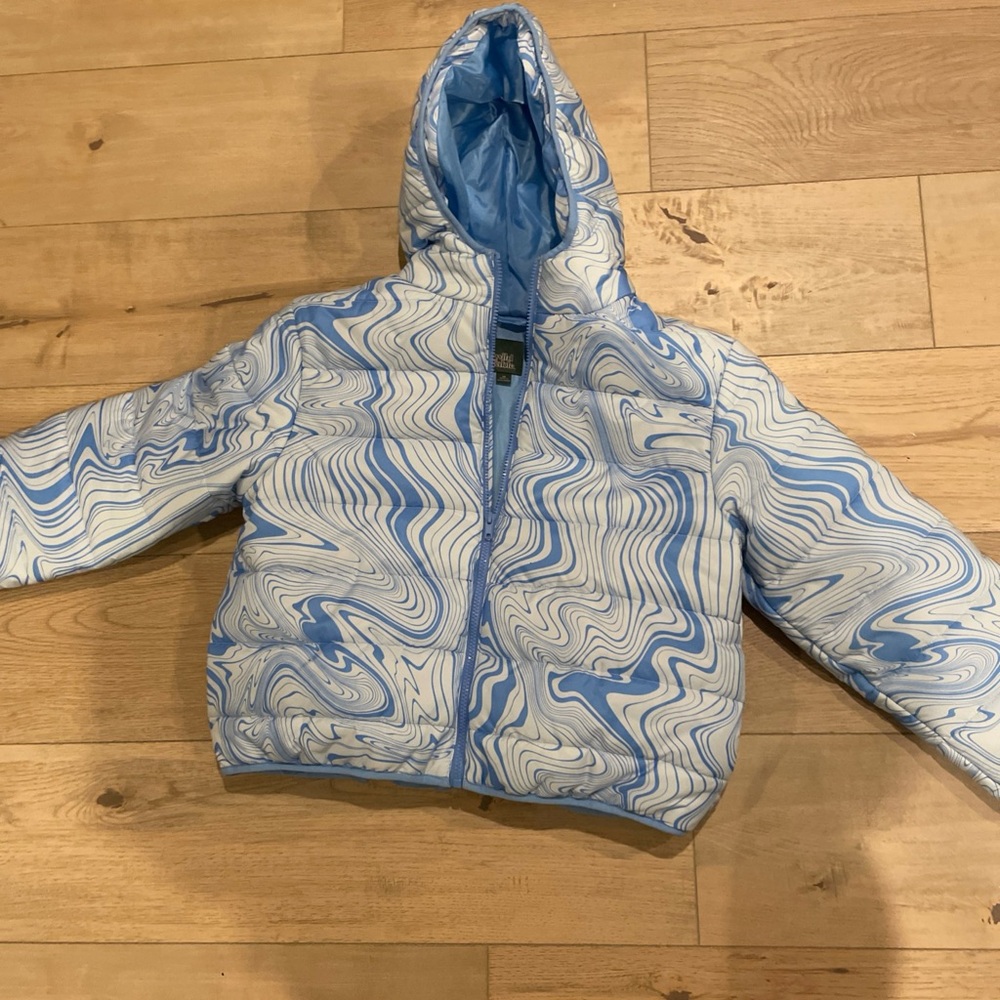Wild Fable Puffer Jacket Women XS Blue White Marble Hooded Long Sleeve Lined